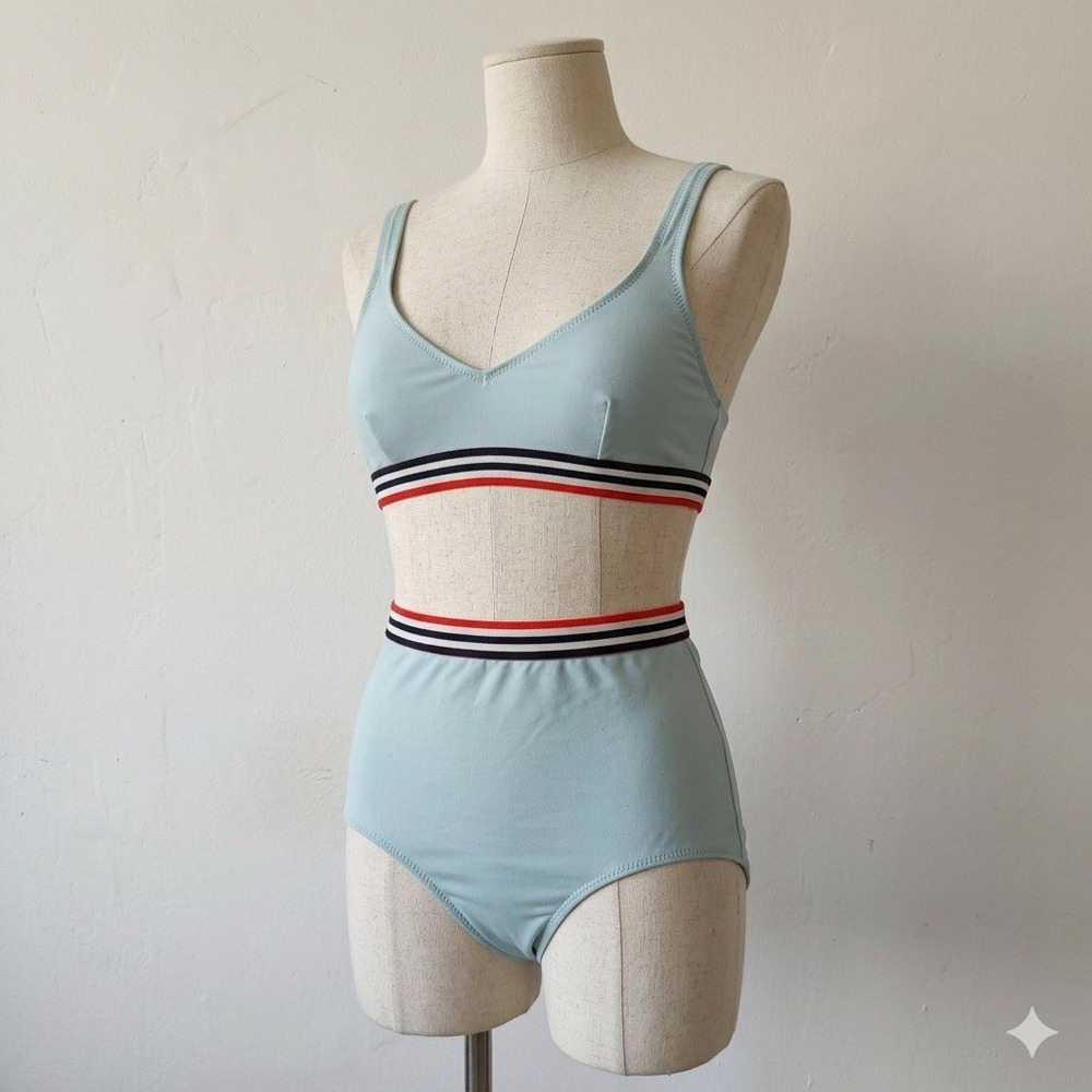 Solid & Striped Womens Bikini Large Blue High Waisted Striped Trim Sporty Retro